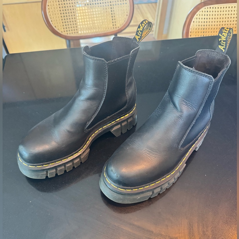 Dr. Martens Black Leather Chelsea Lug Sole Ankle Boots with Yellow Stitching
